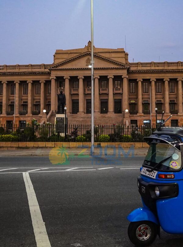 Neoclassical Old Parliament Building in Colombo seen from the tuk tuk tour route.